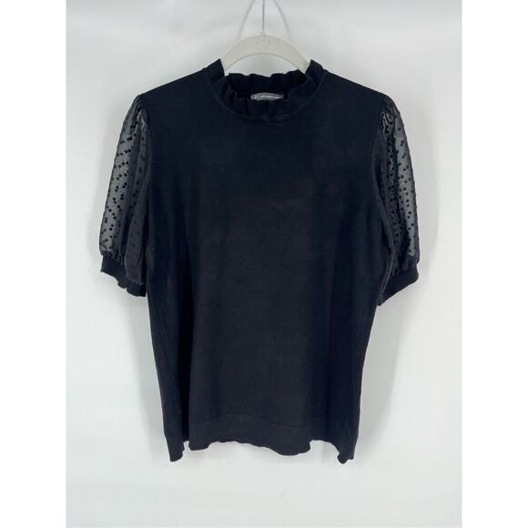 Adriana Papell Swiss Dot Sheer Sleeve Ruffle Neck Black Sweater Top Size Medium - Picture 1 of 8